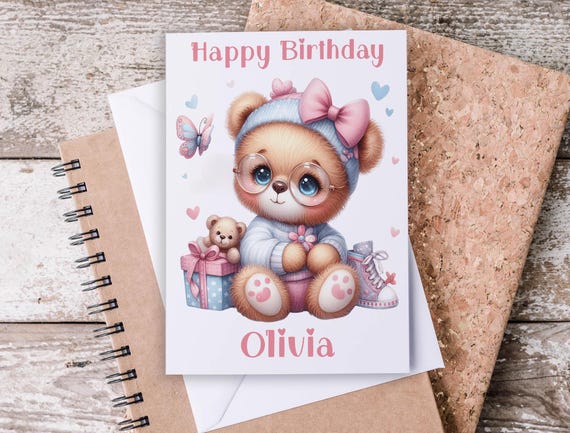 Personalized Cute Bear Birthday Card, Great Granddaughter Fun Birthday, 3rd Birthday Card, Customised Card, Children's Birthday Card, BC35