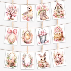 May include: Twelve watercolor illustrations on white cards with pink floral accents. The illustrations feature Easter themes such as a chick, a duck, a bunny, a basket of eggs, a cake, a nest of eggs, a wreath, a house, a tree with eggs, and a bucket of eggs.
