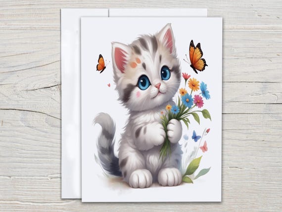 Cute Cat Notecards, Wildflower Kitty Stationary, Cat Greeting Cards, Notecard Set, Pen Pals, Snail Mail, Blank Card, Everyday Card, EC316