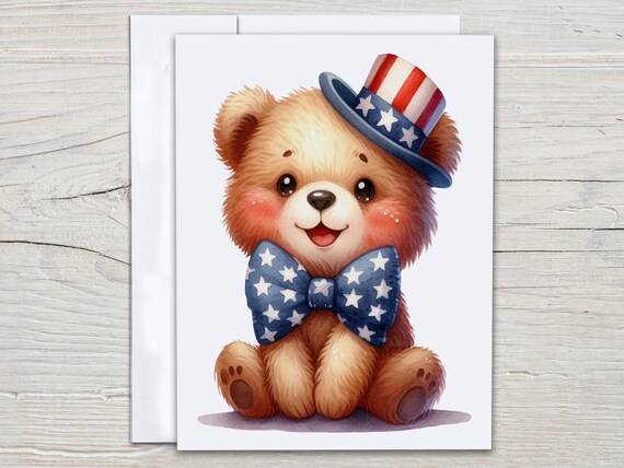 Patriotic Notecards Set, Cute Teddy Bear Cards, Memorial Day Cards, Fourth of July Cards, Blank Notecard, Everyday Card, All Occasion, EC303