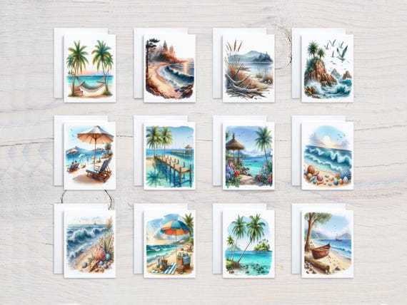 Watercolor Beach Notecard Set, Assorted Cards, Notecard Variety Pack, All Occasion Cards, Blank Notecards, Cute Stationery, Everyday, CS293
