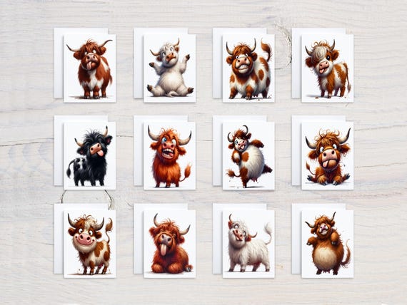 Highland Cattle Card Assortment, Cute Cow Notecard Set, Bulk Cards, Birthday Card Pack, Just Because Card, Baby Highland Cow, CS109
