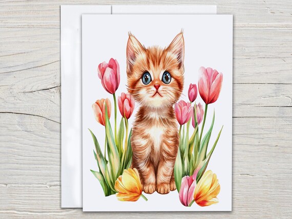 Cute Cat With Flowers Notecards, Everyday Card, Thank You Card Pack, All Occasion Cards, Greeting Card Set, Birthday Card Pack, EC150