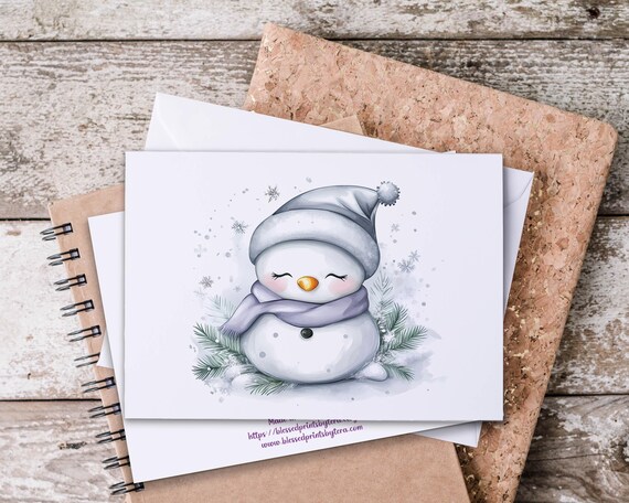 Cute Watercolor Snowman Notecards, Christmas Stationary, Whimsical Snowmen, Blank Notecard Set, Holiday Greeting, Holiday Thank You