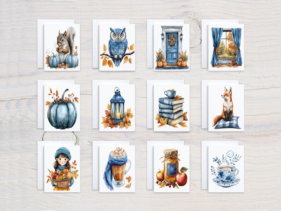 Watercolor Blue Fall Notecards Set, Assorted Cards, Card Assortment, Bulk Greeting Cards, Fall Greeting Cards, Variety Pack, CS374