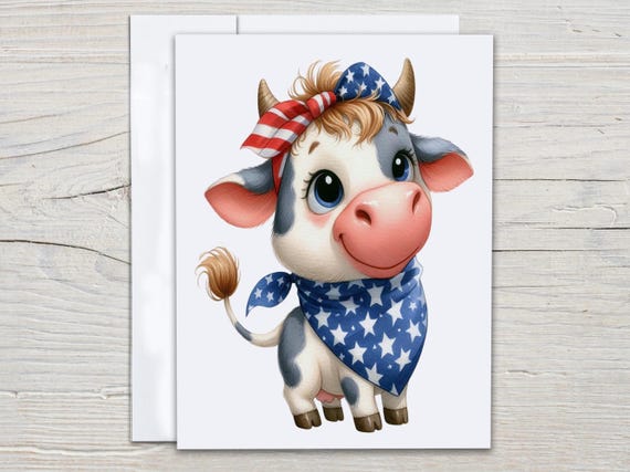 Patriotic Notecards With Watercolor Cow, Fourth of July Cards, Blank Notecard Set, Memorial Day Cards, Patriotic Stationery, Everyday, EC301