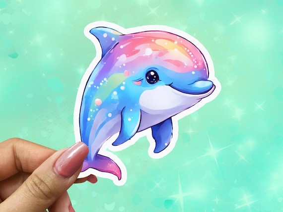 Kawaii Rainbow Dolphin Vinyl Sticker, Water-Resistant Cute Animal Sticker, Kidcore, Computer Stickers, Ships Fast, VN44