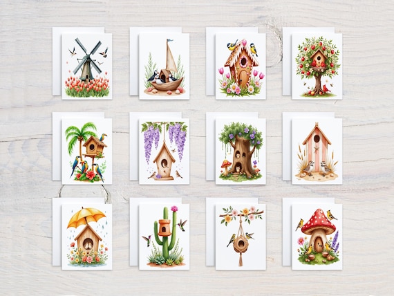 Watercolor Bird Notecards, Birdhouse Note Cards, Card Assortment, Blank Notecards, Birthday Card Pack, Cute Stationery Set, Everyday, CS294