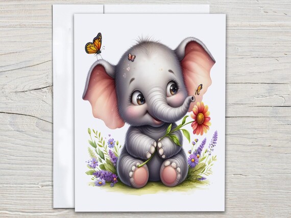 Elephant Notecards Set, Cute Elephant with Wildflowers, African Wildlife Cards, Everyday Card, Snail Mail, Miss You, All Occasion, EC317