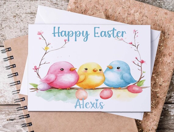 Easter Card for Children, Trio of Birds Watercolor, Personalized Easter Greetings, Niece Easter Card, Daughter Gift, Granddaughter, GC19