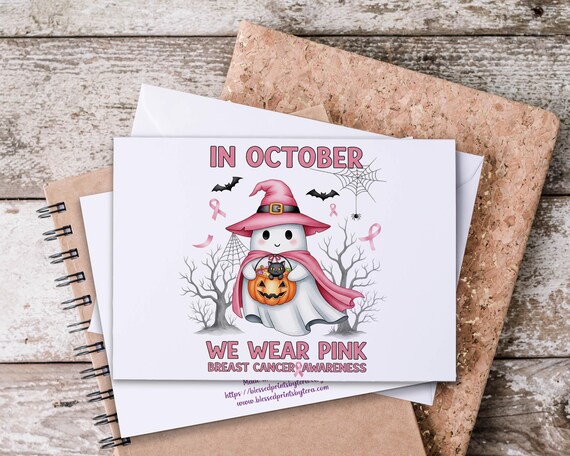 Kawaii Ghost Pink Ribbon Notecards, Breast Cancer Notes, Everyday Notecard Set, Blank Notecards, Snail Mail, Pink Ribbon Notecard Set