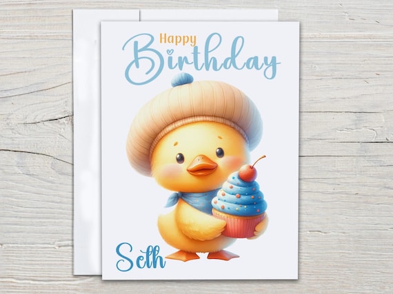 Personalized Duck Birthday Card,  Bday Card for Friend, Cute Duck Holding Cupcake, Bday Card for Son, Card for Grandson, Card for Boys,BC142