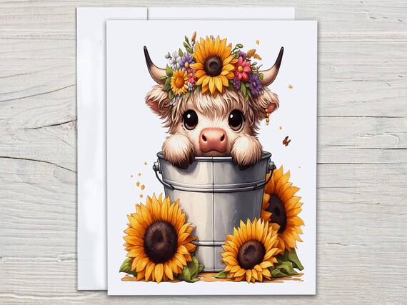 Highland Cow Notecard Set, Sunflower Cow Card, Everyday Card, Blank Notecard, All Occasion Cards, Cute Gift, Thank You, Birthday Pack, EC307
