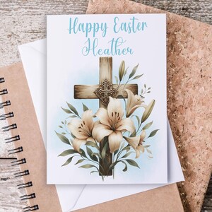 Personalized Easter Card with Cross, Lillies, Easter Greetings, Religious Easter, Christian Card, Easter Blessings, Happy Easter Card, GC27