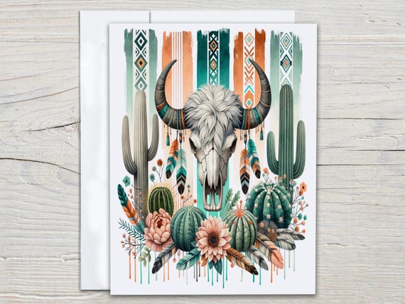 Floral Cow Skull Notecard Set, Watercolor Brushstrokes, Everyday, Just Because Card, Blank Notecards, Western Themed, Cowboy Cards, EC335