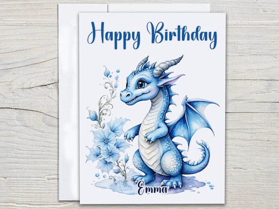 Personalized Dragon Birthday Card, Magical Card, Watercolor Bday Card, Granddaughter Card, Cute Dragon, Fantasy Card, Bestie Bday, BC217