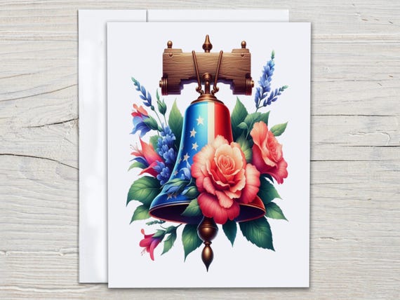 Patriotic Notecards, Watercolor Bell Notecard Set, Memorial Day Cards, Fourth of July Cards, Blank Notecard, USA Stationery, Bday, CS288