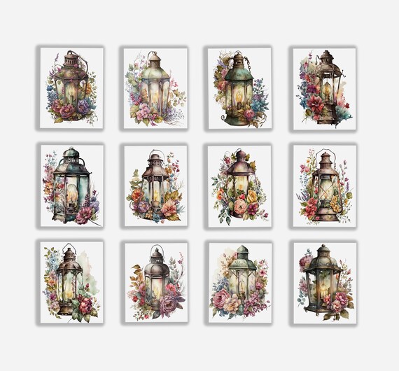 Assorted Watercolor Floral Lanterns Cards, Blank Folded Card Set, Happy Bday Card Pack, Vintage Lantern Notecards, Greeting Card Pack, CS2