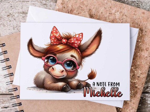 Funny Donkey Customized Note Cards, Kawaii Style Stationery, Donkey Lover Gift, Custom Notecards, A2 With Envelopes, Personalized