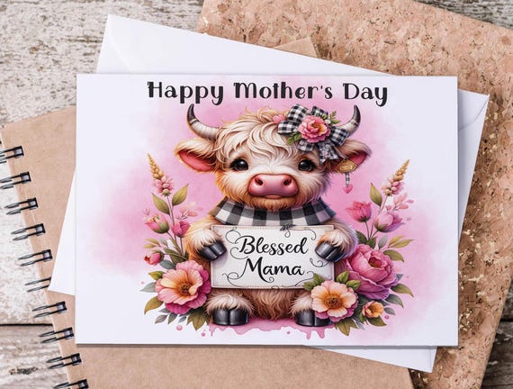 Mother’s Day Card with Highland Cow, Happy Mother’s Day, Cow Card, Mom Appreciation, Greeting Card, Mother’s Day Cards, Cute Cow, MD12