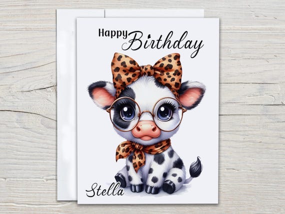 Personalized Cow Birthday Card, Animal Print Bow, Cute Bday Card, Funny Bday Card, Cow Lover, Bestie Birthday Card, Daughter, Sister, BC187