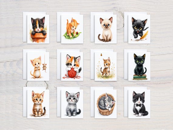 Watercolor Kitten Notecards Set, Card Assortment, Get Well Soon, All Occasion Cards, Cat Stationary Pack, Everyday, Birthday, CS306