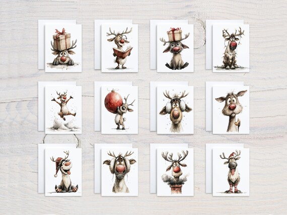 Assorted Cute Reindeer Notecard Set, Christmas Stationary, Everyday Card, Blank Notecards, Winter Greeting Card, Fun Holiday Card, CS387