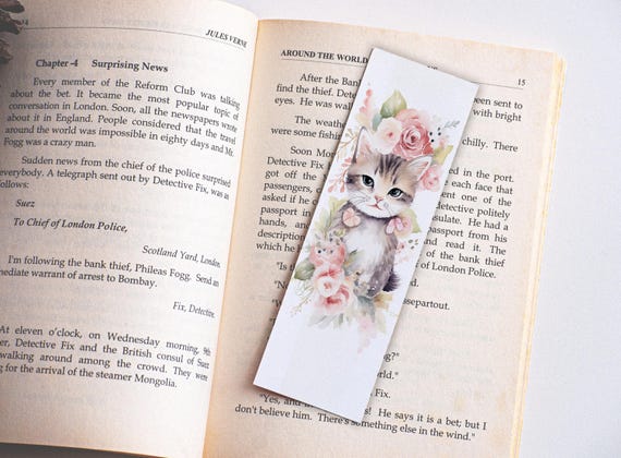 Cat Watercolor Bookmark, Floral Watercolor Cat, Cute Kitten, Watercolor Cat Print, Animal Love Gift, Book Lover Gift, Book Merch
