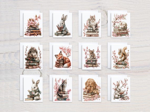 Animal Book Cards Notecard Set, Assorted Cards, Card Assortment, Variety Pack, Blank Notecards, Just Because Card, Birthday Card Pack, CS115