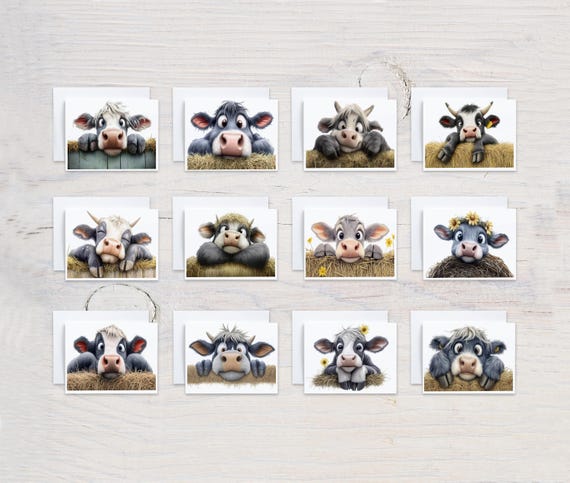 Cute Cow Notecard Set, Everyday Card, Just Because Card, Blank Notecards, Greeting Cards Sets, Card Assortment, Handmade Card, Variety, CS78