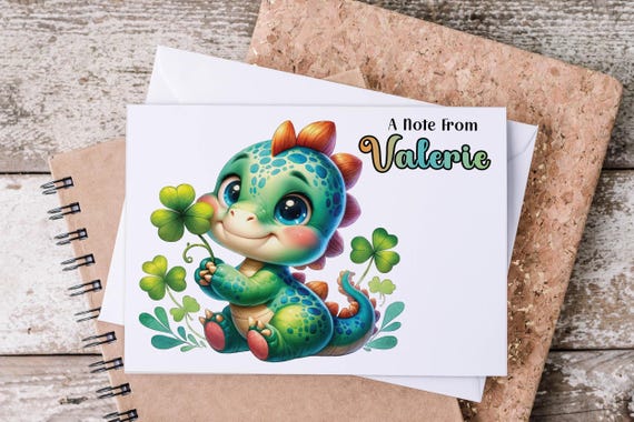 Personalized Note Cards & Envelope | St. Patrick's Day Dino | Custom Book Stationary, Cute Gift, Teacher Thank You, Chibi Kawaii, Handmade