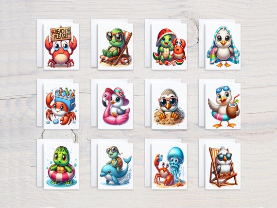 Assorted Kawaii Summer Animals Notecards, Thank You Cards Sets, Just Because Card, Gift Under 25, Assorted Card Set, Variety Pack, CS69