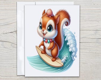 Cute Surfing Squirrel Notecards, Just Because Card, Blank Notecards, Squirrel Cards, Kawaii Stationary, Cute Stationary, All Occasion, EC345