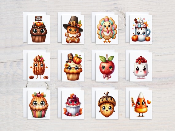 Assorted Fall Notecards, Cute Treats Card Assortment, Bulk Greeting Cards, All Occasion Cards, Fall Greeting Cards, Kawaii Autumn, CS369