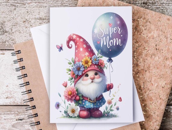 Mother's Day Gnome Card, Cute Gnome Greeting, Blank Notecards, Happy Mothers Day, Everyday Card, Watercolor Design, Spring Gnome, MD23