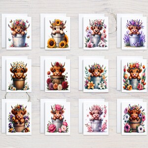 Baby Highland Cow Notecard Set, Cute Cow Card, Card Assortment, Cow Card With Flowers, All Occasion, Blank Notecards, Birthday, CS214