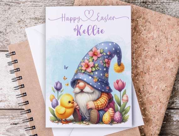 Happy Easter Personalized Card, Easter Gnomes with Chick, Kids Easter Card, Babys First Easter, Granddaughter, Cute Gnomies Design, GC36