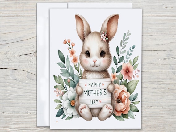 Cute Bunny Mother's Day Card, Floral Bunny Card, Spring Greeting Card, Cute Mother's Day, Watercolor Bouquet, 1st Mother's Day, MD38