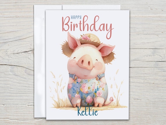Personalized Pig Bday Card, Watercolor Card, Bday Greeting For Her, Bestie Card, Farm Pig Card, Sister, Daughter, Granddaugher, BC168