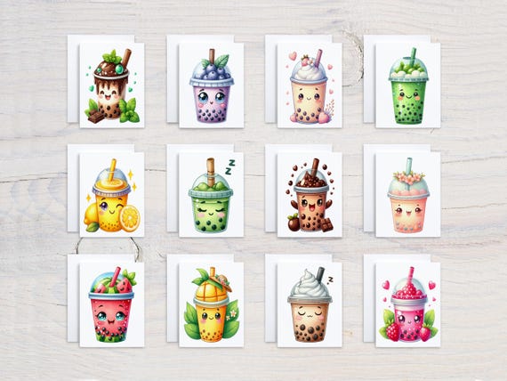 Kawaii Boba Notecard Set, Assorted Cards, Card Variety Pack, Cute Stationary, All Occasion Cards, Blank Notecards, Everyday, Bulk, CS233