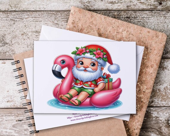 Kawaii Santa Flamingo Floatie Notecards, Christmas Stationary, Holiday Thank You, Beach Christmas Card, Fun Christmas Card, Blank Notecards