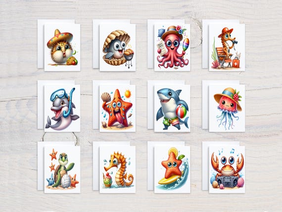 Kawaii Beach Animals Notecards Set, Card Assortment, Variety Pack, Greeting Cards Sets, Gift Under 25, Blank Notecards, Thank You Card, CS70