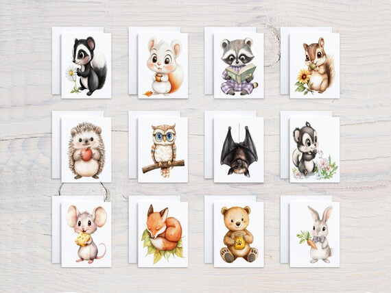 Watercolor Cute Animals Notecard Set, Assorted Cards, All Occasion Cards, Variety Pack, Get Well Soon Card, Bulk, Kawaii Stationary, CS277
