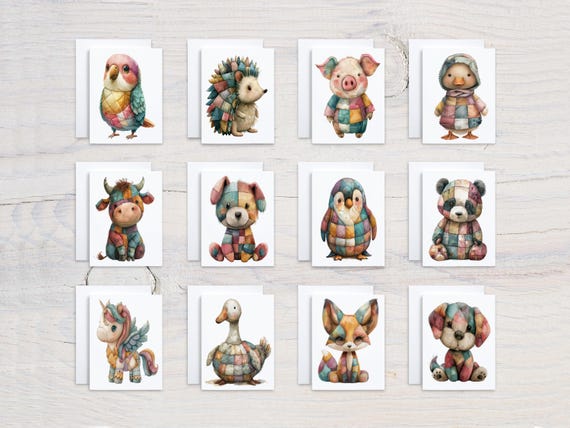 Patchwork Animals Notecard Set, Cute Stationary Set, Blank Notecard Set, Thank You Card, Miss You Card, All Occasion Cards, Birthday, CS167