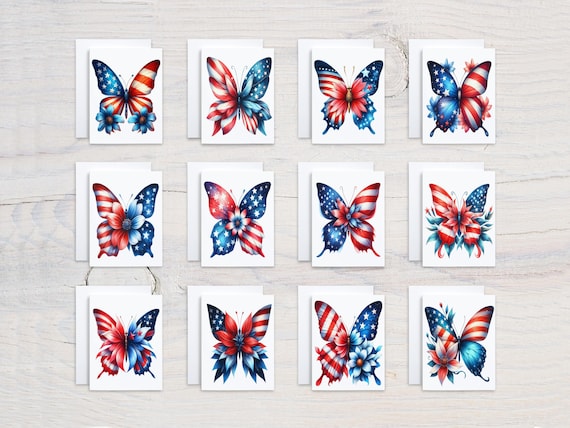 Cute Patriotic Butterfly Card Assortment, Everyday Card, Birthday Card Pack, Notecard Set, Veterans Day Cards, Fourth of July, Memorial,CS83