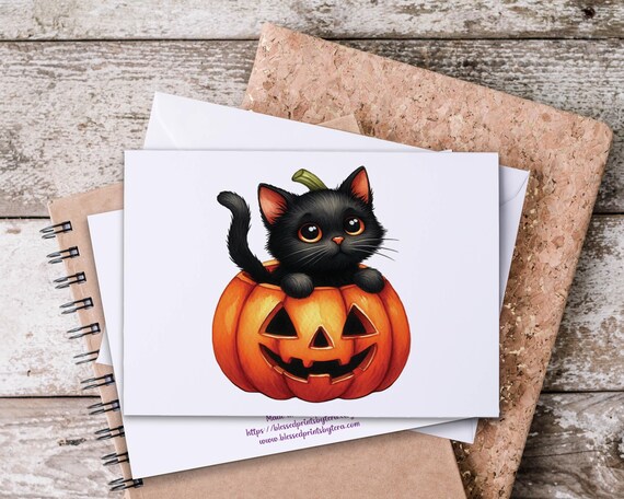 Black Cat in Pumpkin Notecards Set, Cute Cat Card, Everyday Notecards, Snail Mail, Just Because, Blank Notecards, Halloween-Themed, HN50