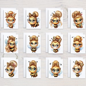 May include: Twelve cards featuring illustrations of bees wearing glasses and leopard print headbands. Each card has a white background.