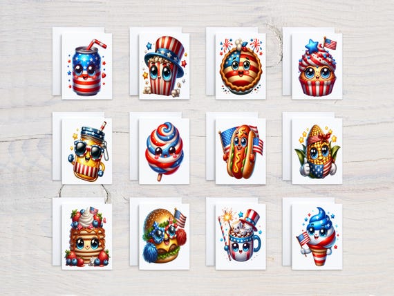 Fourth of July Kawaii Notecard Set, Blank Notecards, Card Assortment, Everyday Cards, All Occasion Note Cards, Holiday Cards, CS323
