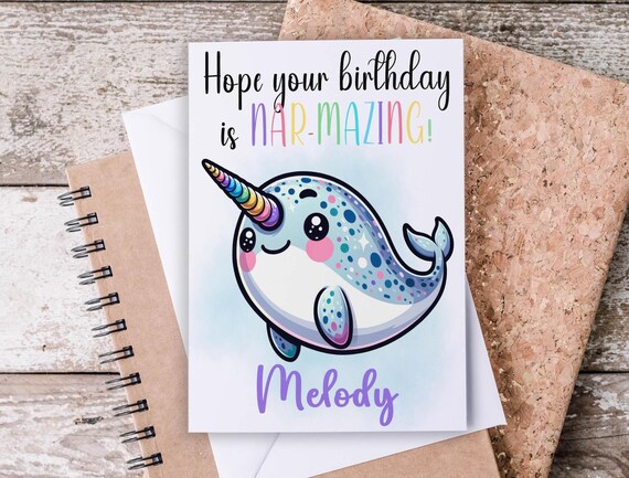 Narwhal Birthday Card, Unicorn of the Sea, Happy Birthday, Cute Card, Nar-Mazing Message, Card for Kids, Cute Narwhal, Kawaii Greeting, GC20