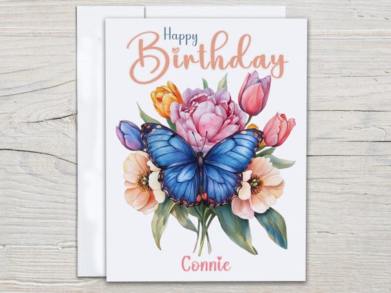 Personalized Watercolor Butterfly Bday Card, Cute Birthday Card, Butterfly Bday Card for Her, Watercolor Flowers, Bday Card for Mom, BC253